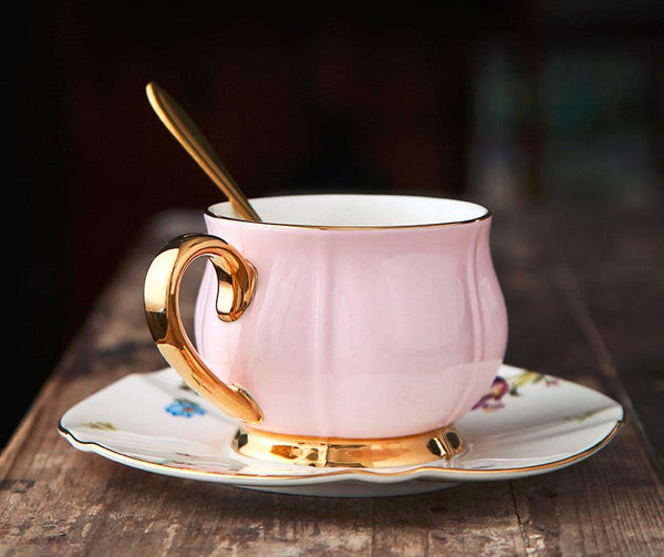 Unique Coffee Cup and Saucer in Gift Box as Birthday Gift, Elegant Pink Ceramic Cups, Beautiful British Tea Cups, Creative Bone China Porcelain Tea Cup Set-Art Painting Canvas
