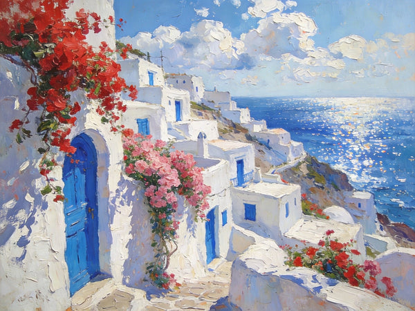 Bougainvillea's Aegean Embrace, Hand Painted Canvas Art, Small Landscape Paintings, Landscape Wall Art for Dining Room, Original Oil Paintings-Art Painting Canvas