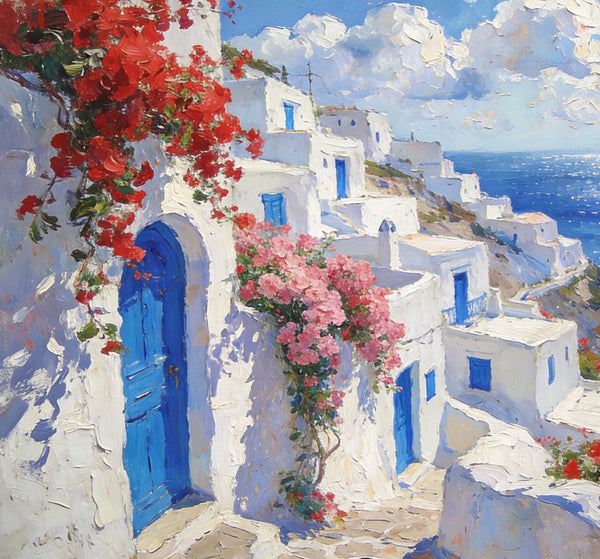 Bougainvillea's Aegean Embrace, Hand Painted Canvas Art, Small Landscape Paintings, Landscape Wall Art for Dining Room, Original Oil Paintings-Art Painting Canvas