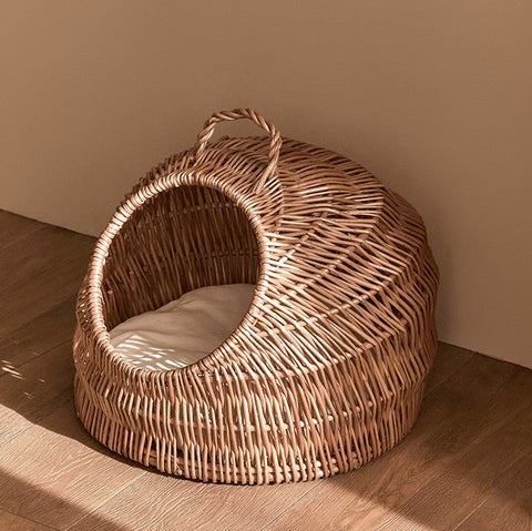 Indoor Cat Bed, Natural Wicker Cat House Basket with Washable Cushion for Indoor Cats and Dogs-Art Painting Canvas