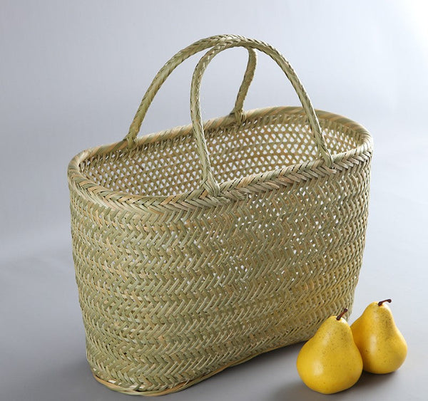 Natural Fruit Basket Kitchen Storage Baskets, Lovely Bamboo Baskets for Vegetable, Picnic Food Basket with Handle, Large Natural Hand-woven Bamboo Basket-Art Painting Canvas
