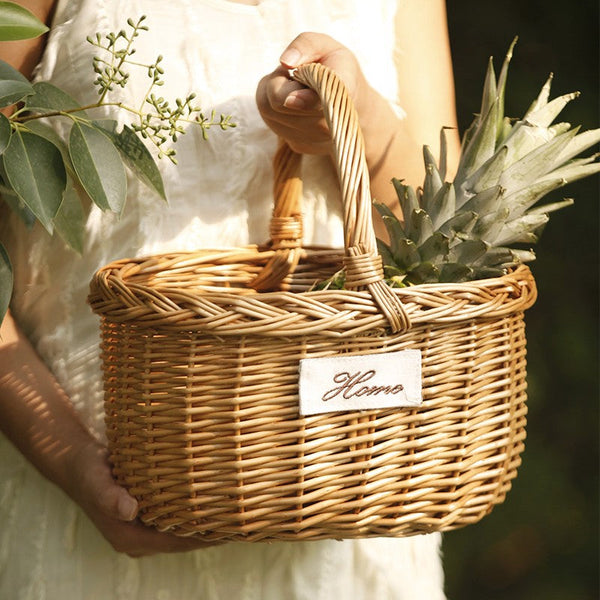 Hand-woven Wicker Storage Basket, Large Picnic Food Basket with Handle, Willow Weaving Baskets for Vegetable, Natural Fruit Basket, Kitchen Storage Baskets-Art Painting Canvas