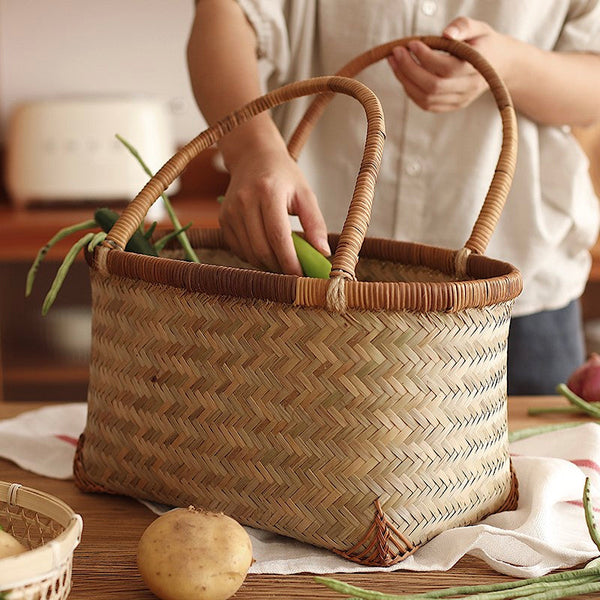 Storage Basket with Handle, Large Kitchen Storage Baskets, Natural Hand-woven Bamboo Storage Basket, Lovely Bamboo Weaving Baskets for Vegetable, Picnic Fruit Storage Baskets-Art Painting Canvas