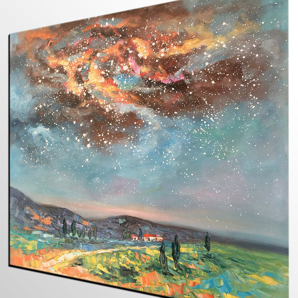 Landscape Oil Painting, Starry Night Sky Painting, Heavy Texture Painting, Custom Abstract Painting