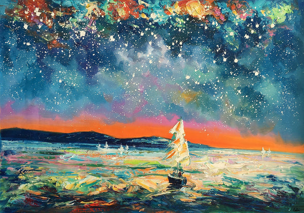 Modern Abstract Art, Oil Painting, Starry Night Sky, Landscape Painting, Bedroom Wall Art-Art Painting Canvas
