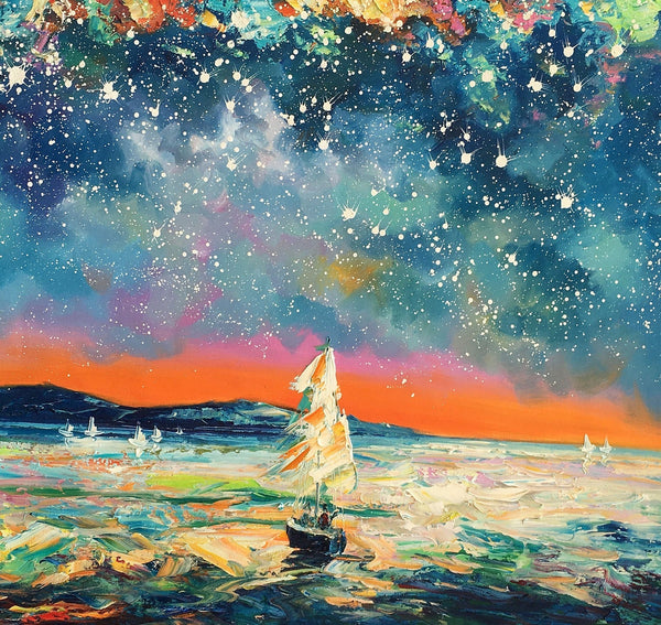 Modern Abstract Art, Oil Painting, Starry Night Sky, Landscape Painting, Bedroom Wall Art-Art Painting Canvas