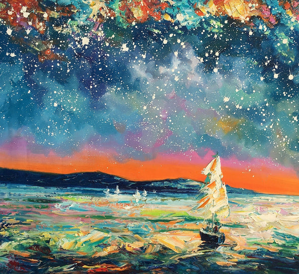Modern Abstract Art, Oil Painting, Starry Night Sky, Landscape Painting, Bedroom Wall Art-Art Painting Canvas