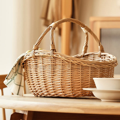 Large Kitchen Storage Baskets, Picnic Storage Basket with Handle, Hand-woven Wicker Storage Basket, Willow Weaving Baskets for Vegetable, Natural Fruit Basket-Art Painting Canvas