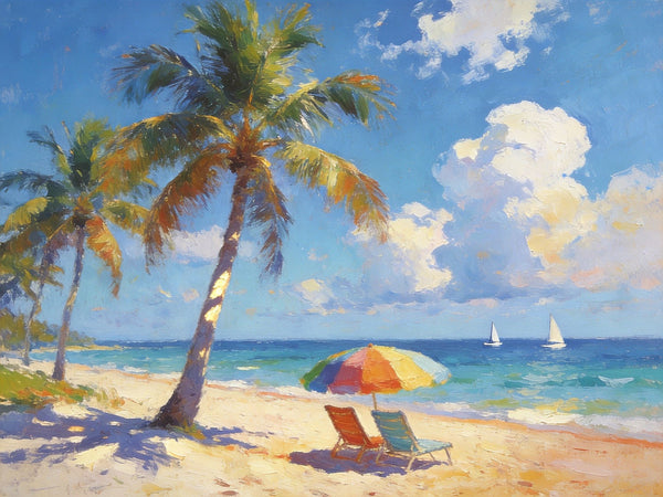 Tropical Coastal Charm, Buy Painting Online, Seashore Beach Paintings, Small Oil Paintings, Original Landscape Paintings, Hand Painted Canvas Art, Heavy Texture Artwork-Art Painting Canvas