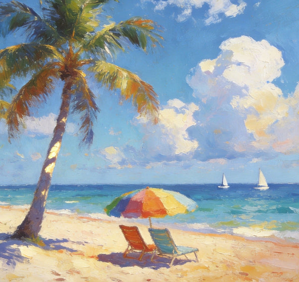Tropical Coastal Charm, Buy Painting Online, Seashore Beach Paintings, Small Oil Paintings, Original Landscape Paintings, Hand Painted Canvas Art, Heavy Texture Artwork-Art Painting Canvas