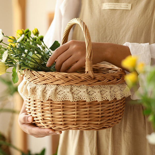 Storage Basket for Shelves, Picnic Storage Basket with Handle, Hand-woven Wicker Storage Basket, Natural Fruit Basket, Willow Weaving Baskets for Kitchen-Art Painting Canvas