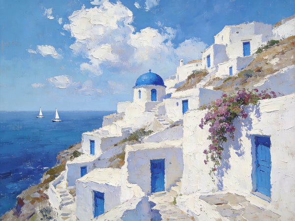 Landscape Wall Art Paintings, Santorini's Seaside Symphony, Hand Painted Canvas Art, Small Original Oil Paintings, Landscape Paintings for Living Room-Art Painting Canvas