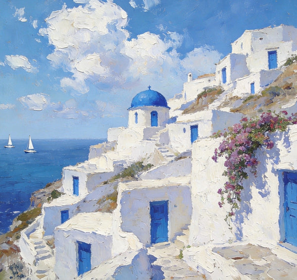 Landscape Wall Art Paintings, Santorini's Seaside Symphony, Hand Painted Canvas Art, Small Original Oil Paintings, Landscape Paintings for Living Room-Art Painting Canvas