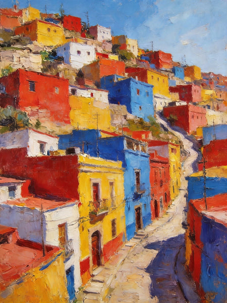 Guanajuato's Luminous Color Town, Original Wall Art Paintings, Hand Painted Canvas Wall Art, Heavy Texture Artwork, Small Oil Paintings-Art Painting Canvas