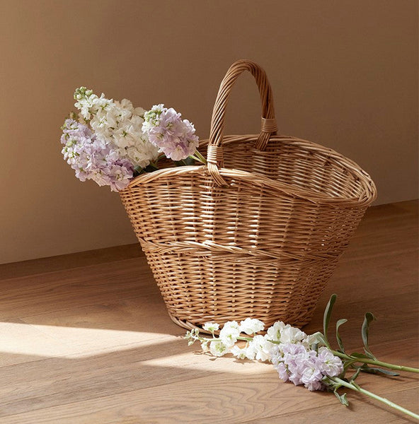 Willow Weaving Baskets with Handle, Large Picnic Food Basket with Handle, Natural Hand-woven Wicker Storage Basket, Natural Fruit Baskets, Kitchen Storage Baskets-Art Painting Canvas