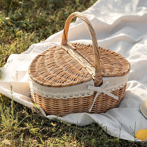Picnic Storage Basket with Handle, Extra Large Kitchen Storage Baskets, Natural Hand-woven Wicker Storage Basket, Lovely Willow Weaving Baskets for Vegetable, Natural Fruit Storage Baskets-Art Painting Canvas