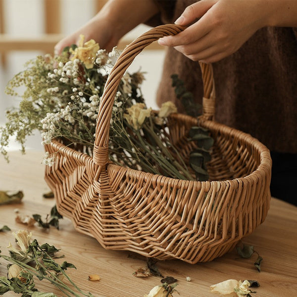 Natural Fruit Basket, Kitchen Storage Baskets, Natural Hand-woven Wicker Storage Basket, Large Picnic Food Basket with Handle, Lovely Willow Weaving Baskets for Vegetable-Art Painting Canvas