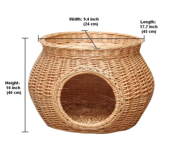 Rattan Cat Bed, Wicker Cat House Basket with Washable Cushion for Indoor Cats and Dogs