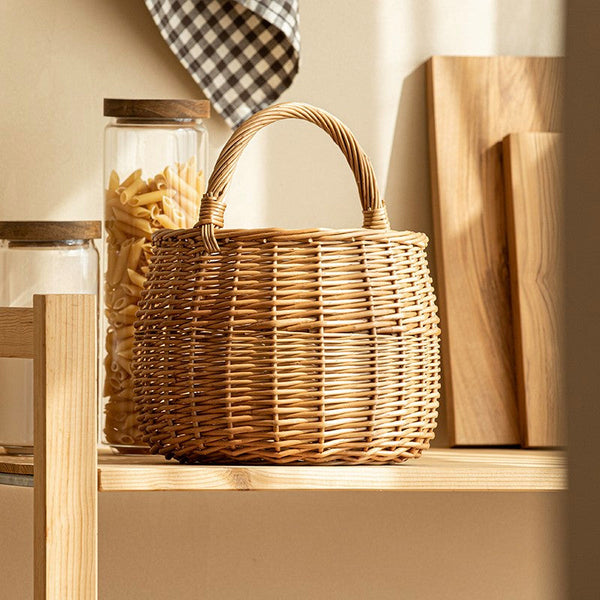 Storage Basket for Kitchen, Picnic Storage Basket with Handle, Hand-woven Wicker Storage Basket, Natural Fruit Basket, Willow Weaving Baskets for Vegetable-Art Painting Canvas