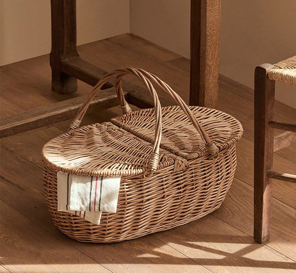 Extra Large Picnic Food Basket with Handle, Kitchen Storage Baskets, Natural Hand-woven Wicker Storage Basket, Lovely Willow Weaving Baskets for Vegetable, Natural Fruit Basket-Art Painting Canvas