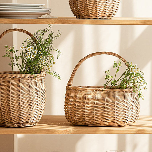 Wicker Storage Basket for Kitchen, Hand-woven Picnic Food Basket with Handle, Willow Weaving Baskets for Vegetable, Natural Fruit Basket, Storage Basket for Shelves-Art Painting Canvas