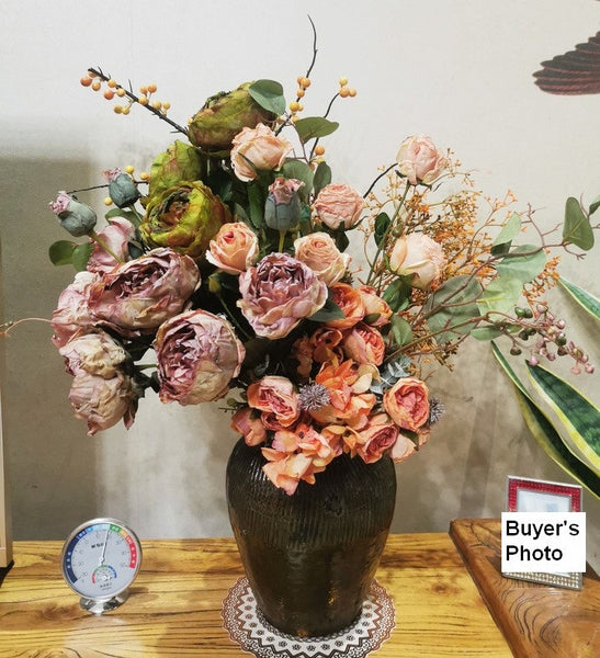 Large Faux Silk Floral Bouquet, Beautiful Peony Rose Flowers Arrangement Interior Design, Modern Artificial Floral Arrangement for Living Room-Art Painting Canvas