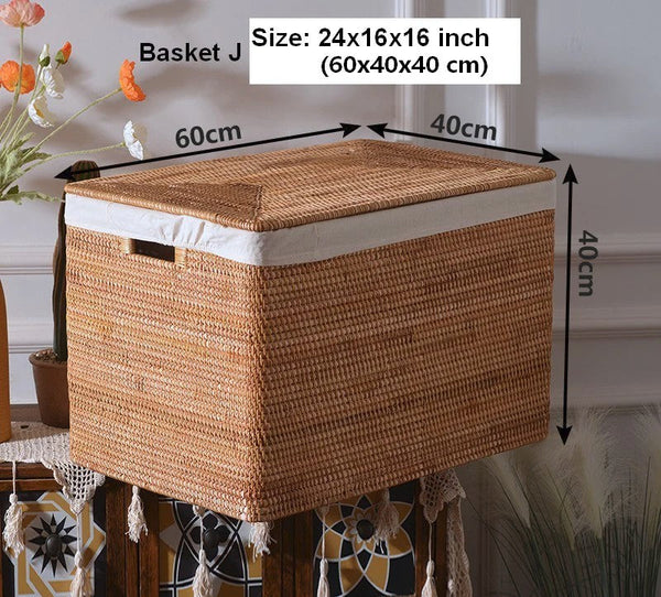 Oversized Rectangular Storage Basket with Lid, Woven Rattan Storage Basket for Shelves, Storage Baskets for Bedroom, Extra Large Storage Baskets for Clothes