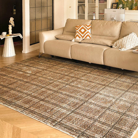 Geometric Modern Rugs for Dining Room, Dining Room Floor Carpets, Mid Century Modern Living Room Rugs, Brown Contemporary Area Rugs for Bedroom-Art Painting Canvas