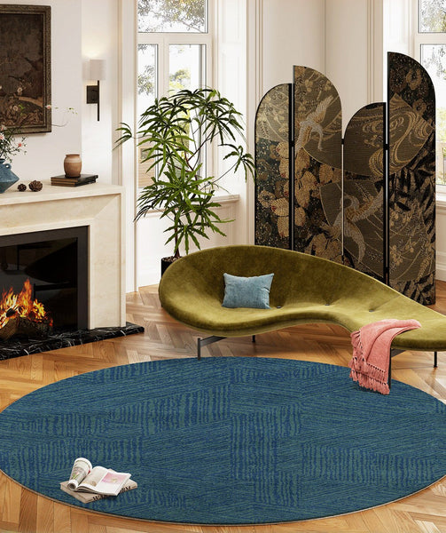 Geometric Round Rugs for Dining Room, Blue Contemporary Modern Rugs, Mid Century Round Modern Rugs under Chairs, Bedroom Abstract Modern Area Rugs-Art Painting Canvas