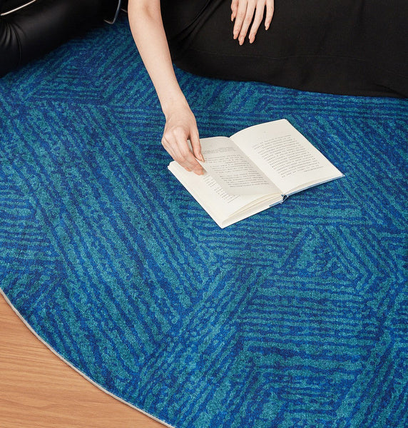 Geometric Round Rugs for Dining Room, Blue Contemporary Modern Rugs, Mid Century Round Modern Rugs under Chairs, Bedroom Abstract Modern Area Rugs-Art Painting Canvas