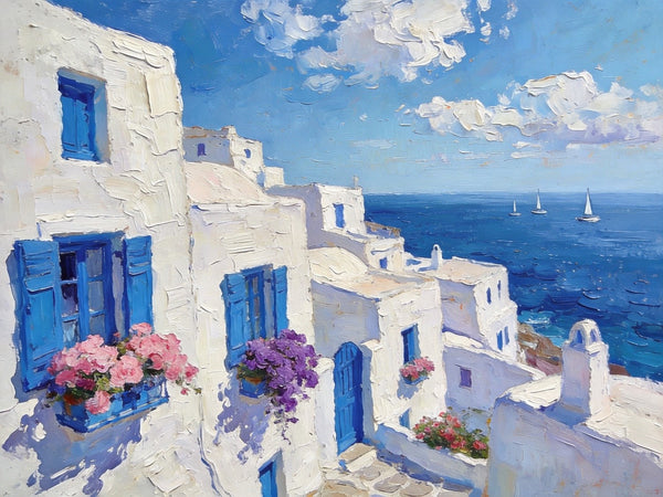 Original Oil Paintings, Azure Waves and White Washes, Aegean Blue Sea, Small Landscape Paintings on Canvas, Palette Knife Oil Paintings, Landscape Canvas Paintings, Hand Painted Canvas Art-Art Painting Canvas