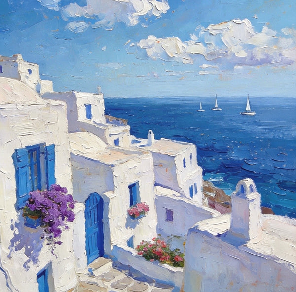 Original Oil Paintings, Azure Waves and White Washes, Aegean Blue Sea, Small Landscape Paintings on Canvas, Palette Knife Oil Paintings, Landscape Canvas Paintings, Hand Painted Canvas Art-Art Painting Canvas