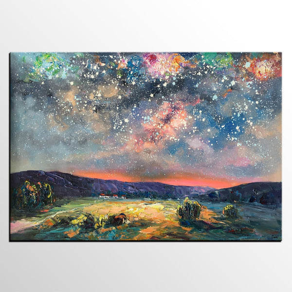 Abstract Landscape Painting, Starry Night Sky Painting, Heavy Texture Painting, Impasto Painting, Custom Wall Art Paintings for Living Room-Art Painting Canvas