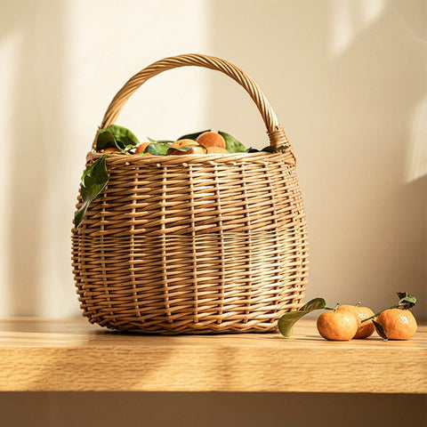 Storage Basket for Kitchen, Picnic Storage Basket with Handle, Hand-woven Wicker Storage Basket, Natural Fruit Basket, Willow Weaving Baskets for Vegetable-Art Painting Canvas