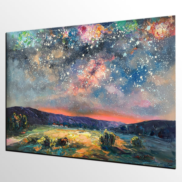 Abstract Landscape Painting, Starry Night Sky Painting, Heavy Texture Painting, Impasto Painting, Custom Wall Art Paintings for Living Room-Art Painting Canvas