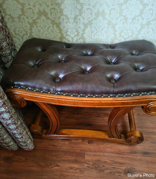 Cherry Wood Footstool, Vintage Leather Stool, Genuine Leather Solid Wood Entry Bench, Long Bench, Vanity Stool, Dressing Table Stool-Art Painting Canvas