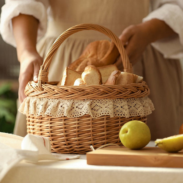 Storage Basket for Shelves, Picnic Storage Basket with Handle, Hand-woven Wicker Storage Basket, Natural Fruit Basket, Willow Weaving Baskets for Kitchen-Art Painting Canvas