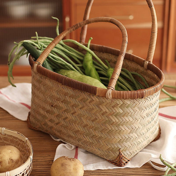 Storage Basket with Handle, Large Kitchen Storage Baskets, Natural Hand-woven Bamboo Storage Basket, Lovely Bamboo Weaving Baskets for Vegetable, Picnic Fruit Storage Baskets-Art Painting Canvas