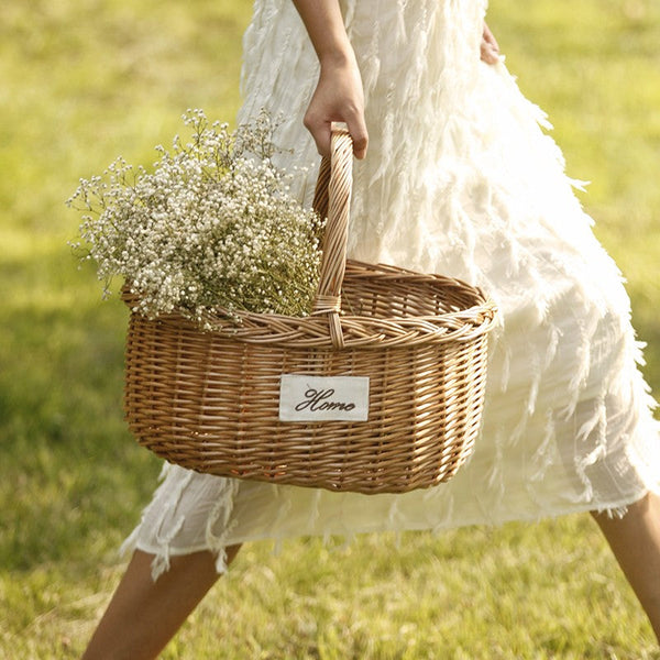 Hand-woven Wicker Storage Basket, Large Picnic Food Basket with Handle, Willow Weaving Baskets for Vegetable, Natural Fruit Basket, Kitchen Storage Baskets-Art Painting Canvas