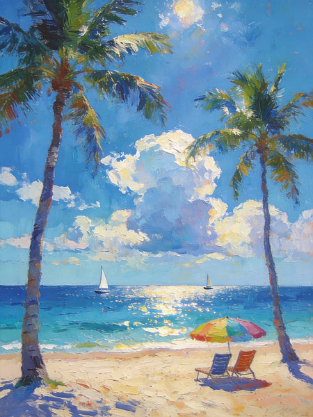 Coastal Serenity Scene, Palm Trees Seashore Paintings, Hand Painted Canvas Wall Art, Original Artwork, Small Oil Paintings, Heavy Texture Artwork, Small Canvas Paintings-Art Painting Canvas