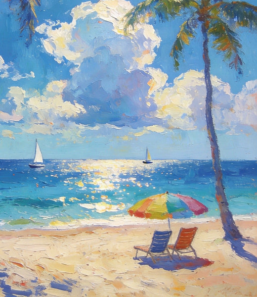 Coastal Serenity Scene, Palm Trees Seashore Paintings, Hand Painted Canvas Wall Art, Original Artwork, Small Oil Paintings, Heavy Texture Artwork, Small Canvas Paintings-Art Painting Canvas