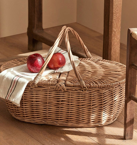 Extra Large Picnic Food Basket with Handle, Kitchen Storage Baskets, Natural Hand-woven Wicker Storage Basket, Lovely Willow Weaving Baskets for Vegetable, Natural Fruit Basket-Art Painting Canvas