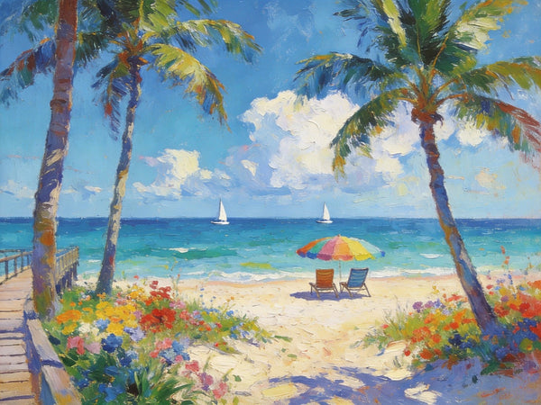 Landscape Paintings for Dining Room, Seaside Bliss with Palms, Small Paintings On Canvas, Hand Painted Canvas Art, Hand Painted Canvas Art, Original Oil Paintings-Art Painting Canvas