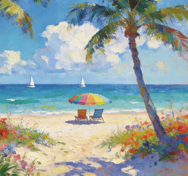 Landscape Paintings for Dining Room, Seaside Bliss with Palms, Small Paintings On Canvas, Hand Painted Canvas Art, Hand Painted Canvas Art, Original Oil Paintings-Art Painting Canvas