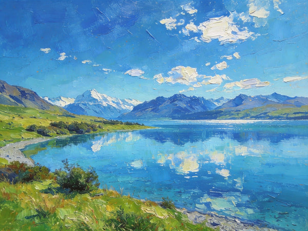 Mountain Landscape Paintings, New Zealand Lake Charm, Small Paintings on Canvas, Original Landscape Paintings, Hand Painted Canvas Artwork-Art Painting Canvas