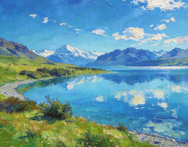 Mountain Landscape Paintings, New Zealand Lake Charm, Small Paintings on Canvas, Original Landscape Paintings, Hand Painted Canvas Artwork-Art Painting Canvas