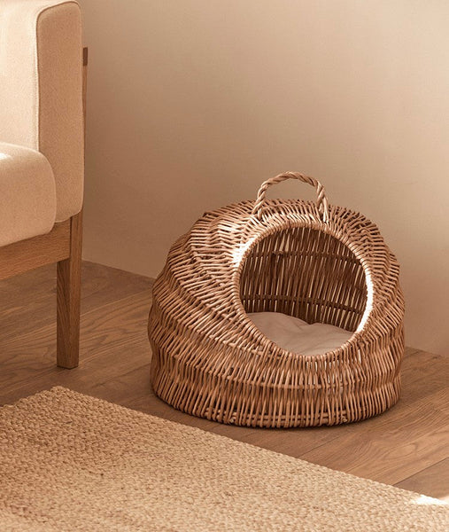 Indoor Cat Bed, Natural Wicker Cat House Basket with Washable Cushion for Indoor Cats and Dogs-Art Painting Canvas