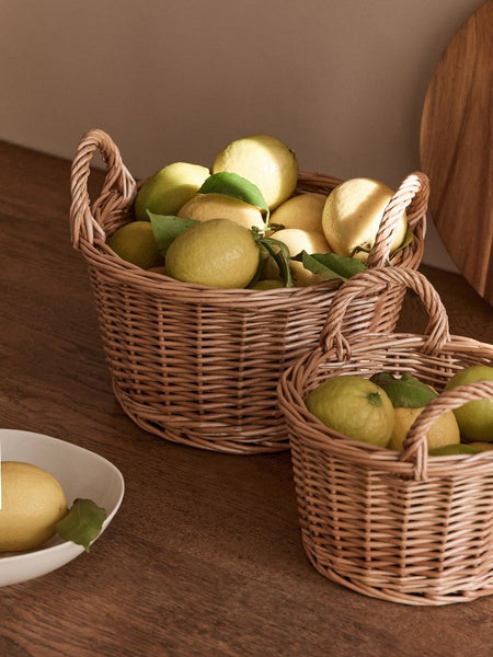 Large Picnic Fruit Basket with Handle, Natural Hand-woven Wicker Round Storage Basket, Lovely Willow Weaving Baskets for Vegetable, Natural Fruit Storage Basket, Kitchen Storage Baskets-Art Painting Canvas