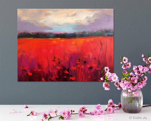 Simple Modern Art, Original Landscape Painting, Landscape Paintings for Living Room, Poppy Filed Canvas Paintings, Large Wall Art Paintings-Art Painting Canvas