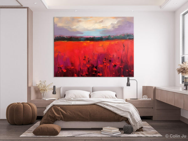 Simple Modern Art, Original Landscape Painting, Landscape Paintings for Living Room, Poppy Filed Canvas Paintings, Large Wall Art Paintings-Art Painting Canvas